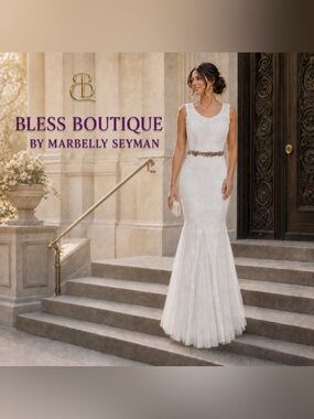 Betsy & Adam Ivory Lace Mermaid Bridal Gown Jeweled Waist Size 8